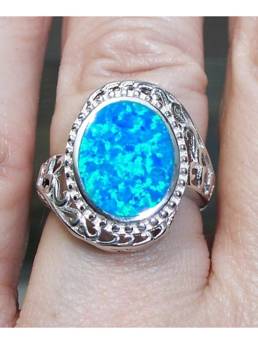 Blue Fire Opal Filigree Ring Lab Created 925 Sterling Silver Women's-Size 10 - Picture 10 of 16